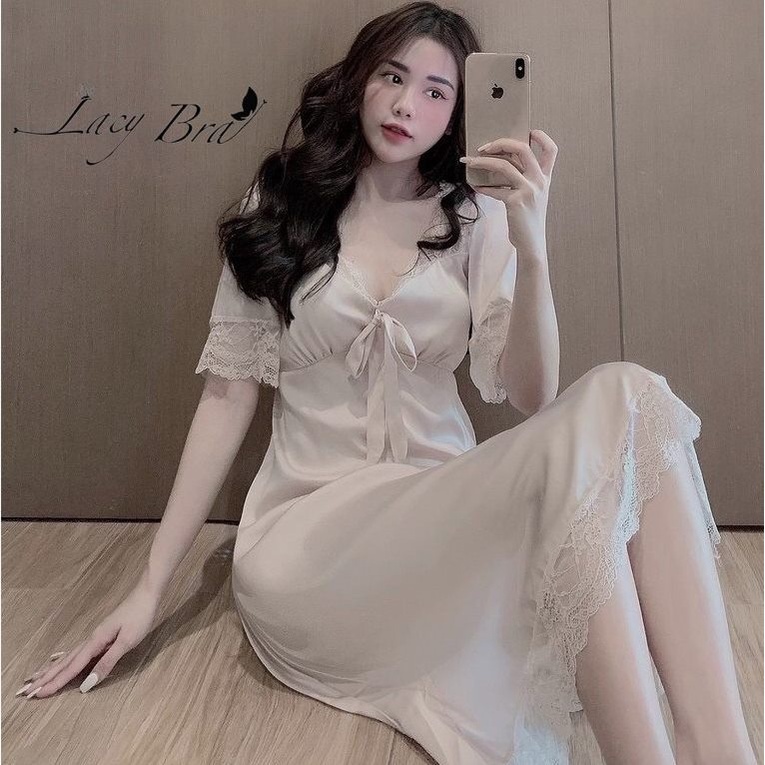 Váy Ngủ Xuông Dáng Ngắn Tay Phối Ren Mềm Gợi Cảm kenshop0602