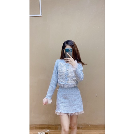 Bộ Dạ Tweed Viền Ren, Set Dạ Tweed Áo Dạ Tweed  Kèm Chân Váy Dạ Tweed Phối Lưới / 2 Màu Trắng Xanh / Size S-M | BigBuy360 - bigbuy360.vn