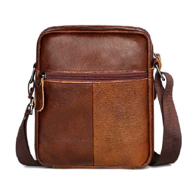(14)Túi đeo chéo nam da bò T05 20x17x6cm bảo hành 12 tháng (Nâu-Đen)