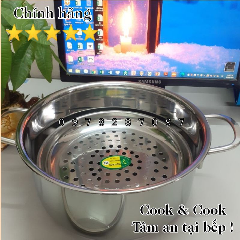 [CHÍNH HÃNG] Vỉ hấp inox cách thủy size 20, 22, 24 cm có chân đế, xửng hấp chính hãng Vietcook