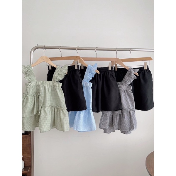 [Ảnh thật/Video] Set babydoll kẻ 058 Mới gồm áo 2s bản to và quần đen xinh xắn