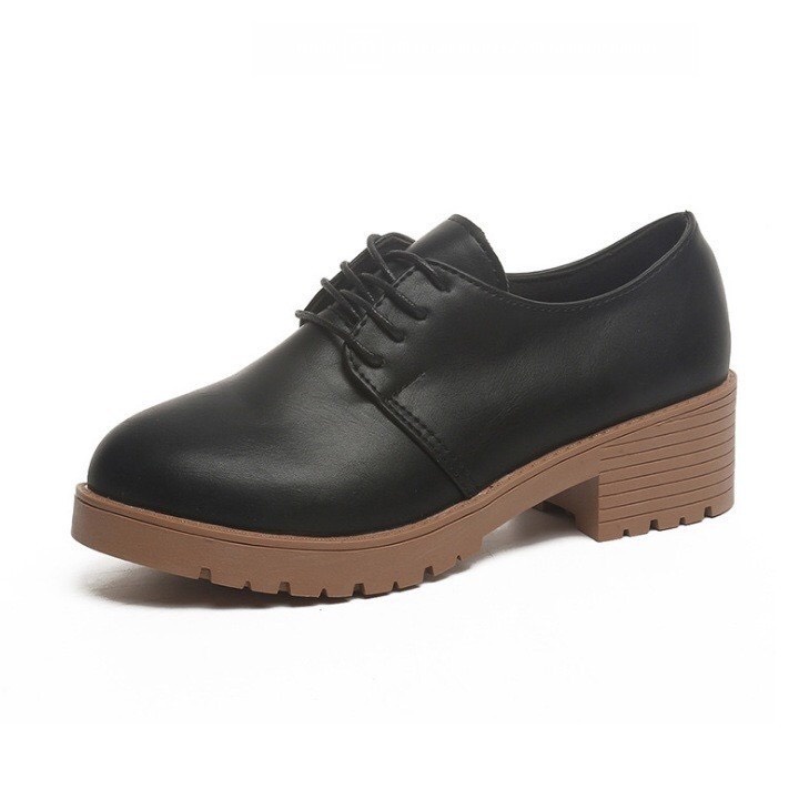 Giày oxford nữ đế thô 4 phân S162 đế vuông chắc, cột dây, cổ ngắn, đen