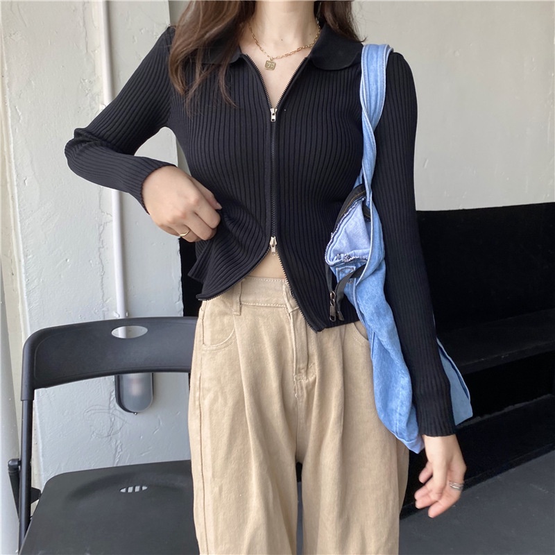 IELGY   Áo sweater cotton Tay Dài Hai Dây Kéo Màu Sắc Trơn Phong Cách Hàn Quốc