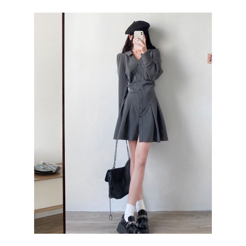 Đầm xòe tay dài cổ bẻ chữ V có nút ở giữa đuôi cá màu xám công sở oder taobao