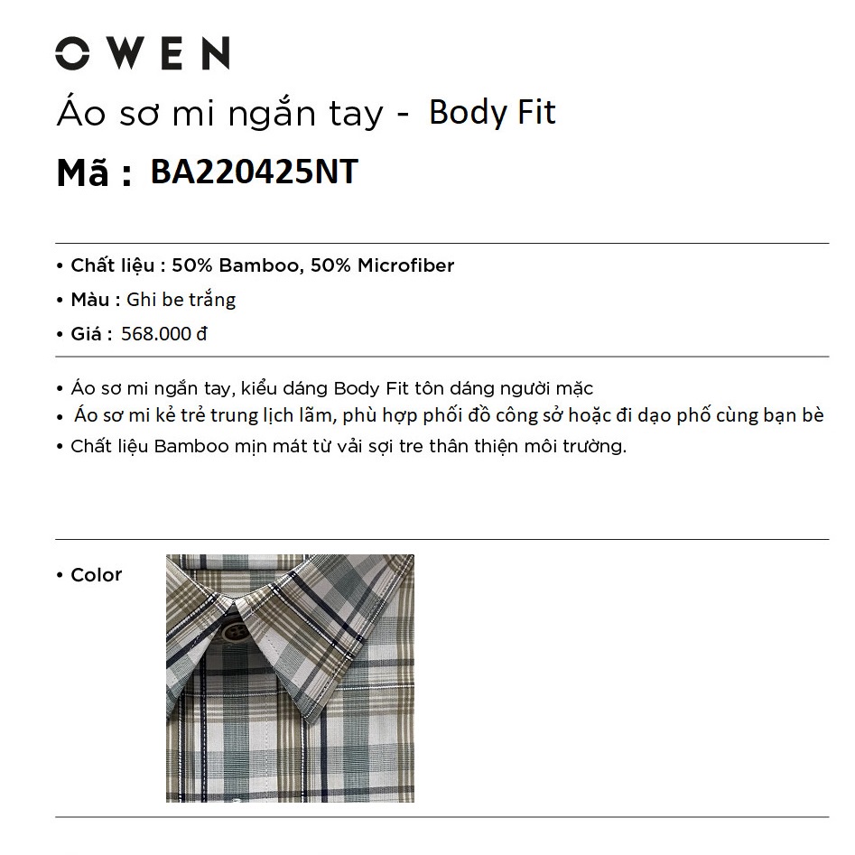 Áo Sơ Mi Nam Ngắn Tay Owen BA220425NT Somi Công Sở Cao Cấp Màu Trắng Caro Ghi Be Vải Sợi Tre Mềm Mát Dáng Suông Tà Bằng