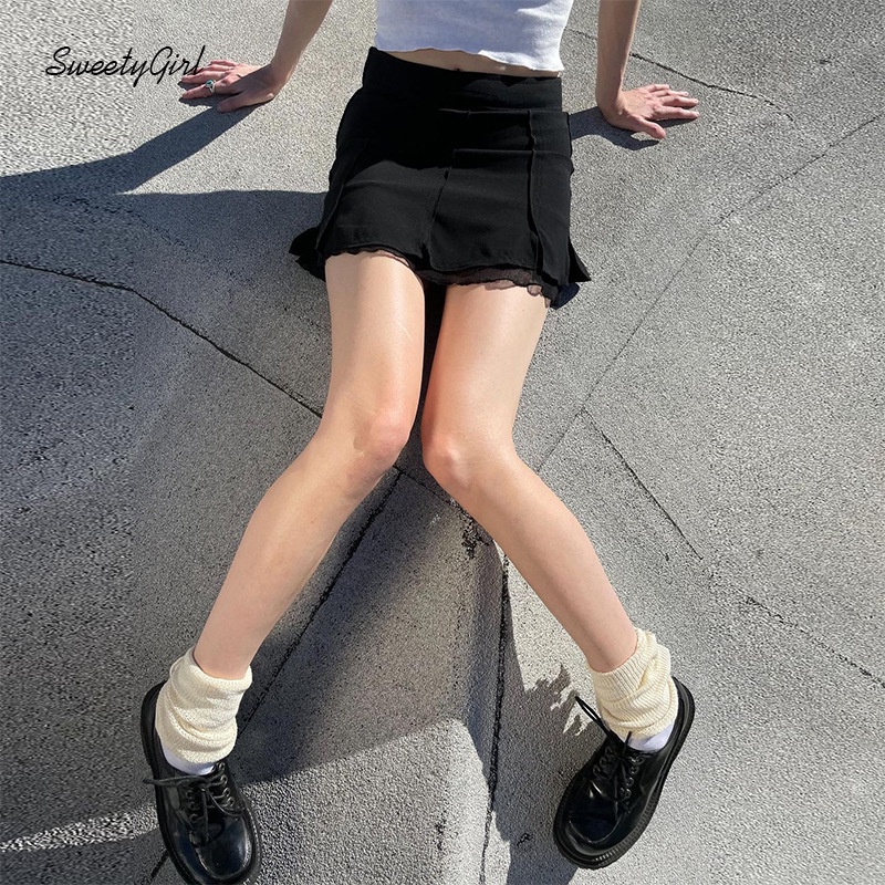 Chân Váy Mini Lưng Thấp Phối Lưới Màu Trơn 2022 Cho Nữ