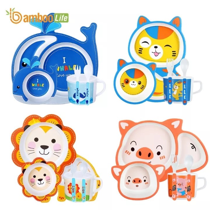 Set 5 món Khay, Bát, Cốc, Dĩa và Thìa  Bamboo Life Hữu Cơ tự nhiên an toàn cho Bé - nhiều mẫu