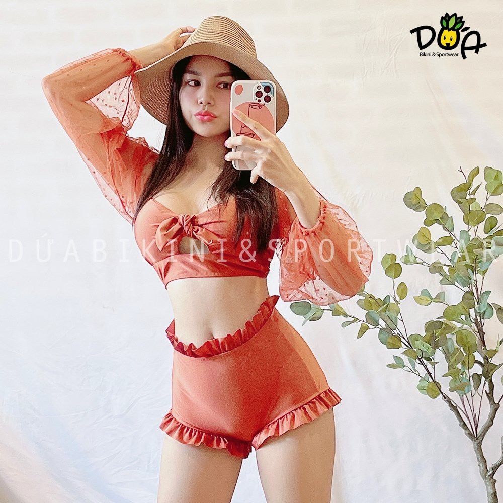 Đồ bơi, bikini tay dài lưới che khuyết điểm cho nữ xinh xắn sẵn 2 màu đen và cam