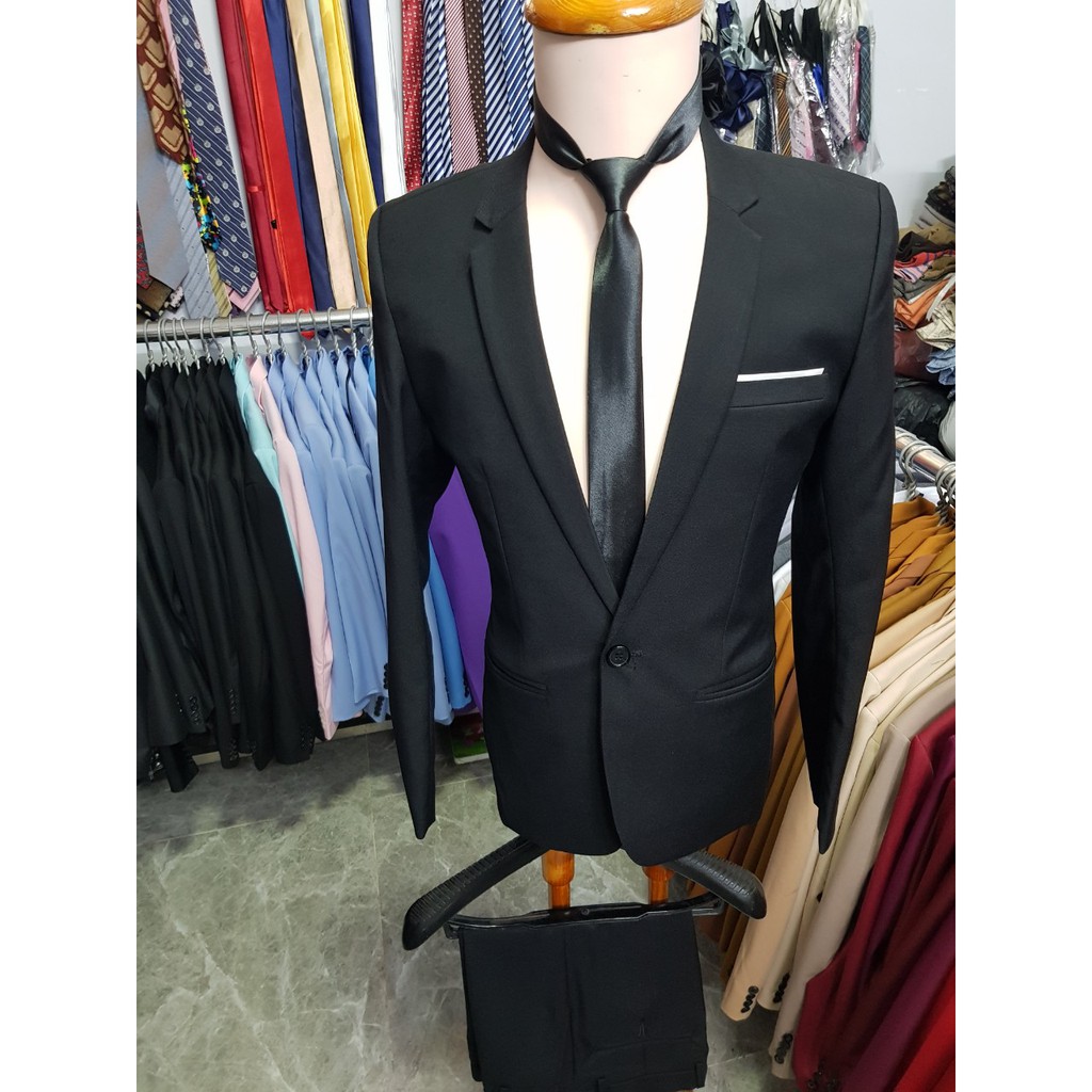 Bộ vest nam màu đen ôm body full size chất liệu vải poly mềm mỏng (áo + quần+ cà vạt + nơ)