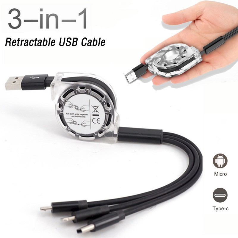 Cáp sạc micro USB 3 trong 1 có thể thu rút cho iphone Android Type-C