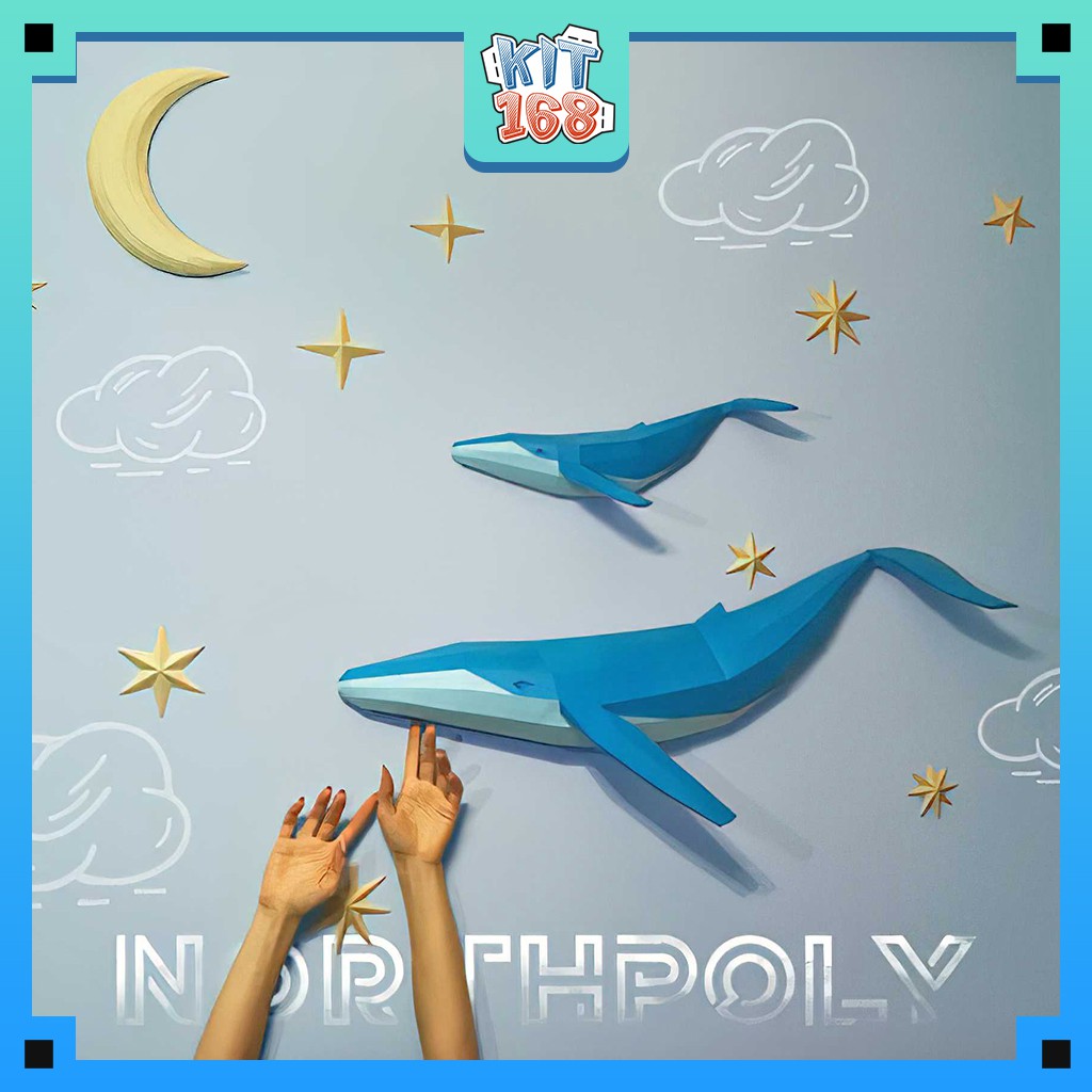 Mô hình giấy động vật Whales with Moon and Stars gắn tường