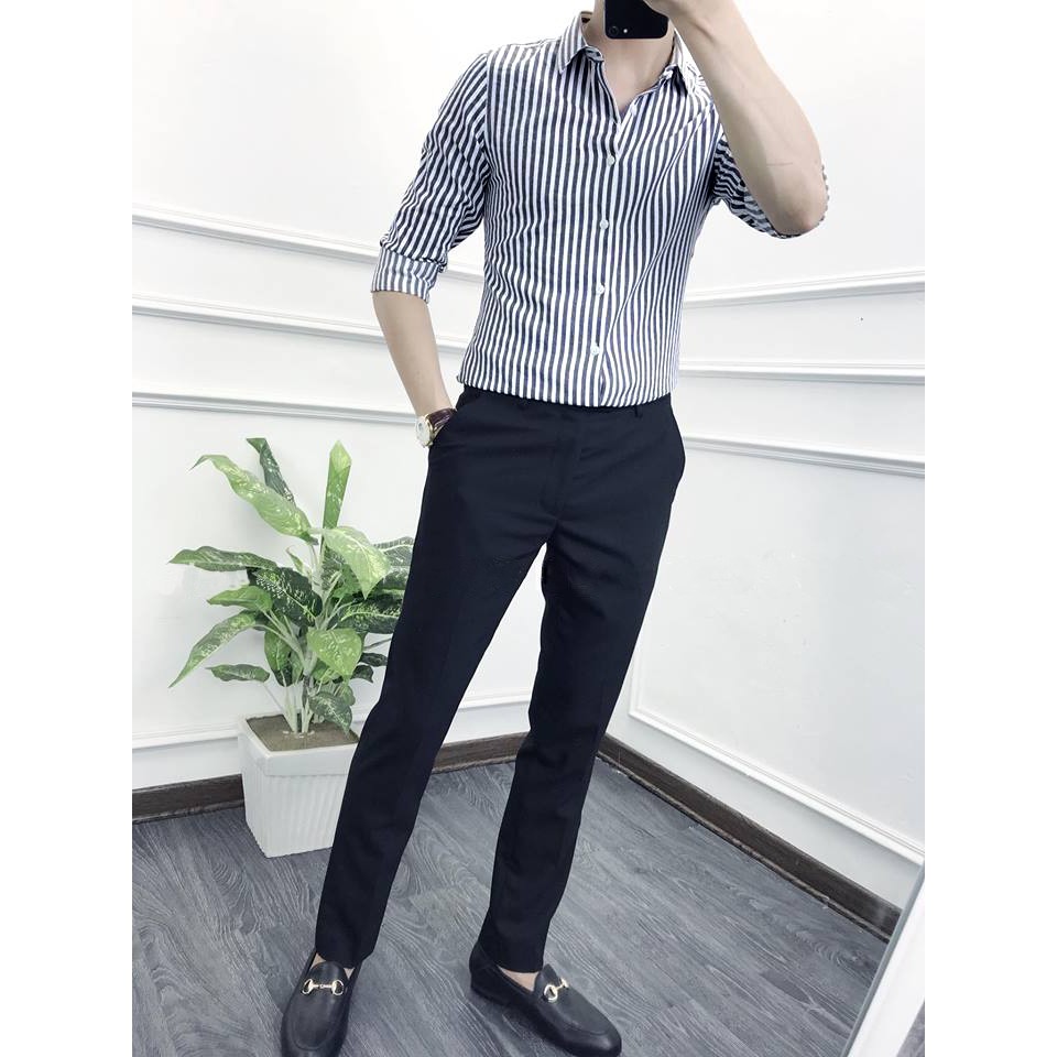 Sơ mi nam kẻ đen trắng, chất lụa lạnh Hàn cực đẹp, form ôm dáng