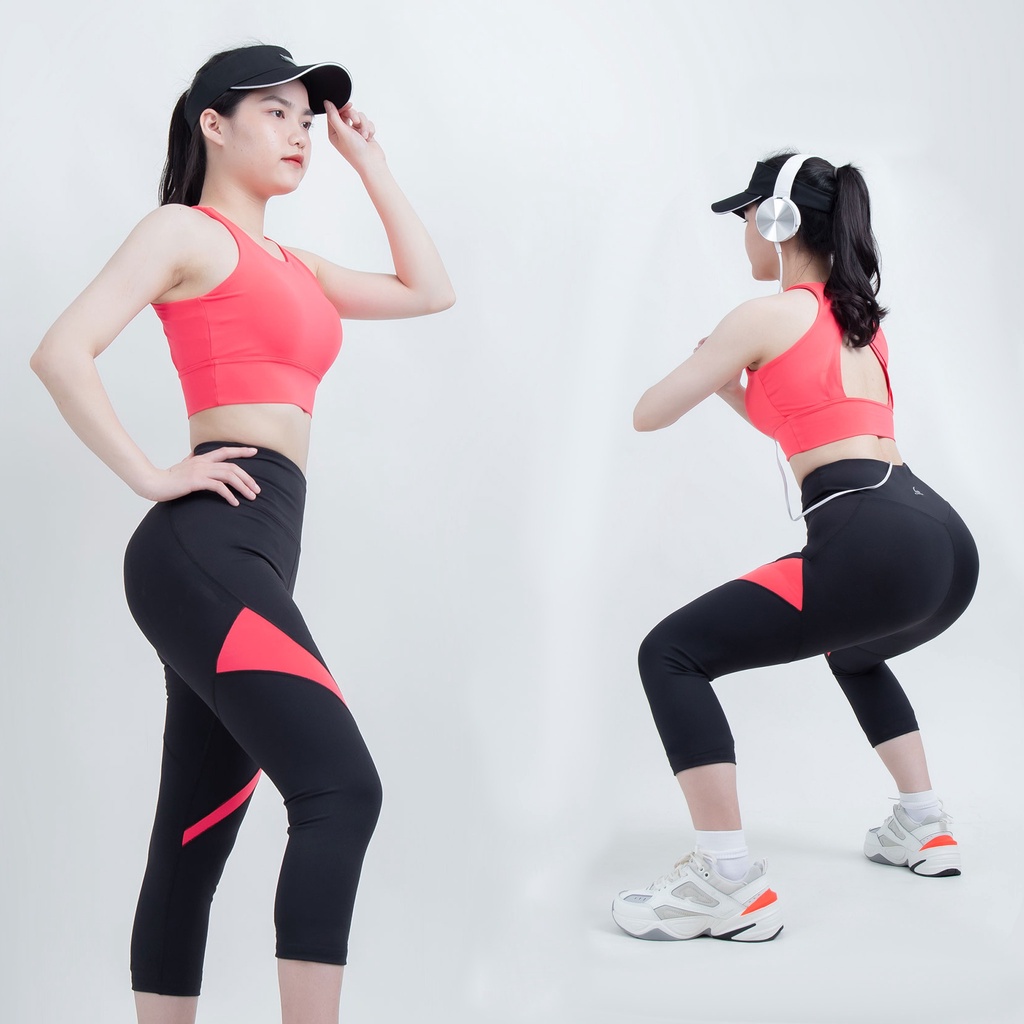 Bộ tập Quần lửng G08 phối màu - Áo bra Lotus B08 croptop thun cao cấp chạy bộ, tập gym, aerobics, đi chơi