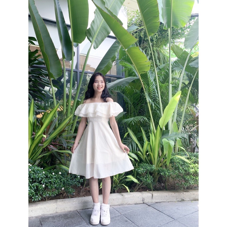 Váy trắng trễ vai bèo -Đầm trắng công chúa chun eo | BigBuy360 - bigbuy360.vn