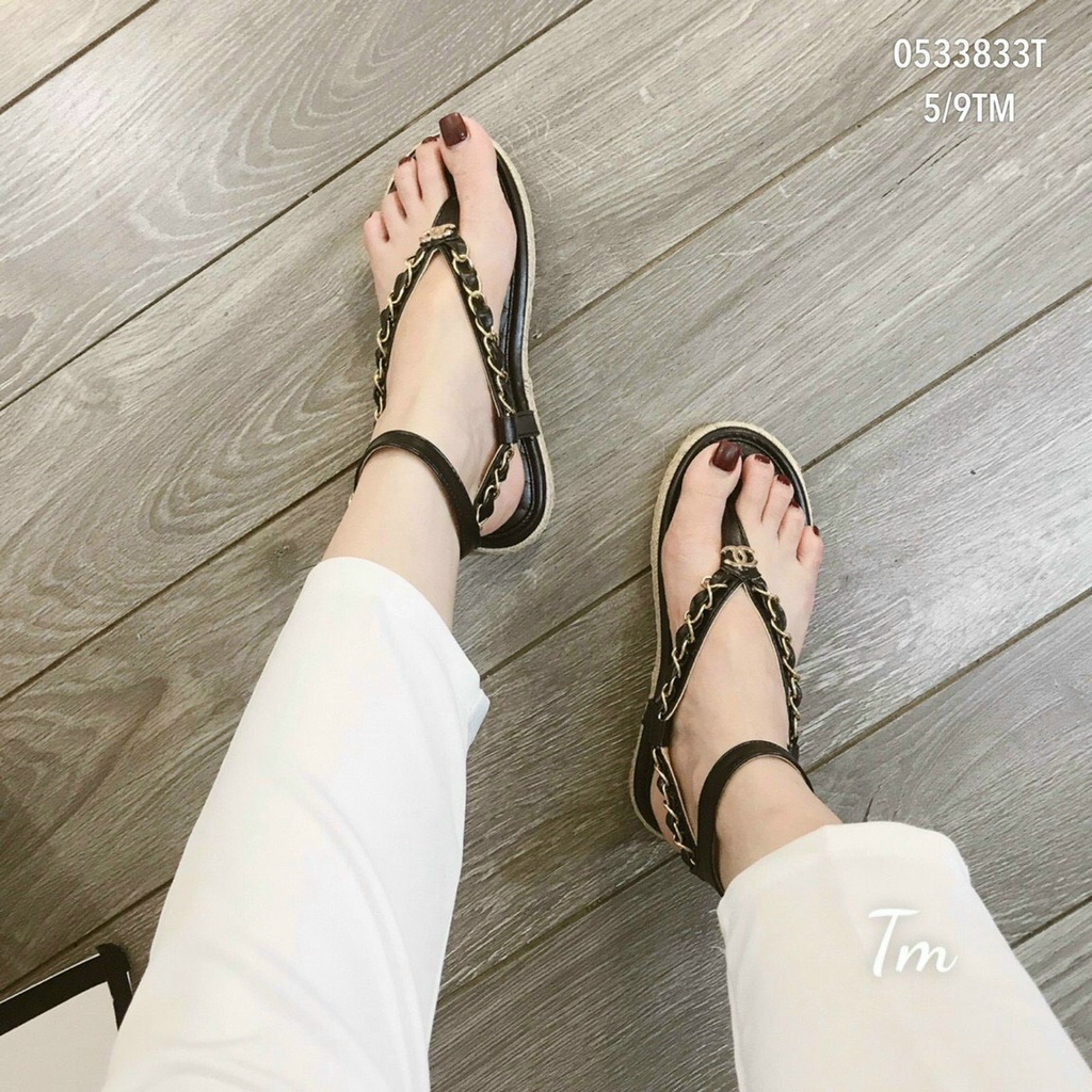 Sandal nữ đế cói quai da phối xích Sandal dây xích 5G form nhỏ di tăng size