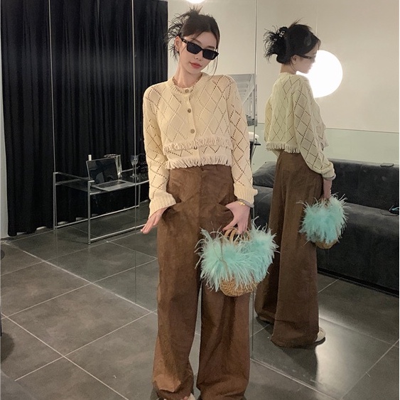 QKOOLE  Áo Khoác cardigan Dệt Kim Tay Dài Phong Cách Hàn Quốc croptop