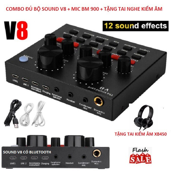 Combo Soundcard V8 Bluetooth + Mic Karaoke Livetream BM 900 Tặng Tai Nghe XB-450 Hát Karaoke Livetream