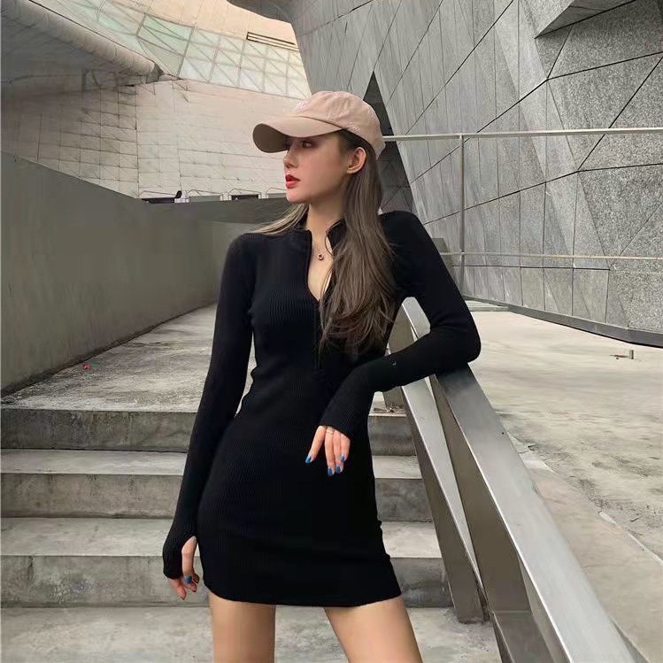 Đầm Ngắn Dệt Kim Tay Dài Ôm Dáng Phối Khóa Kéo Nửa Gợi Cảm Quyến Rũ Cho Nữ