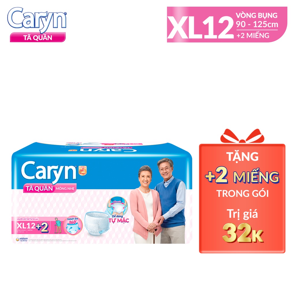 Tã Quần Người Lớn Caryn Mỏng Nhẹ Chống Tràn Size XL 12 Miếng Dành Cho Người Già Có Thể Tự Đi Lại Được