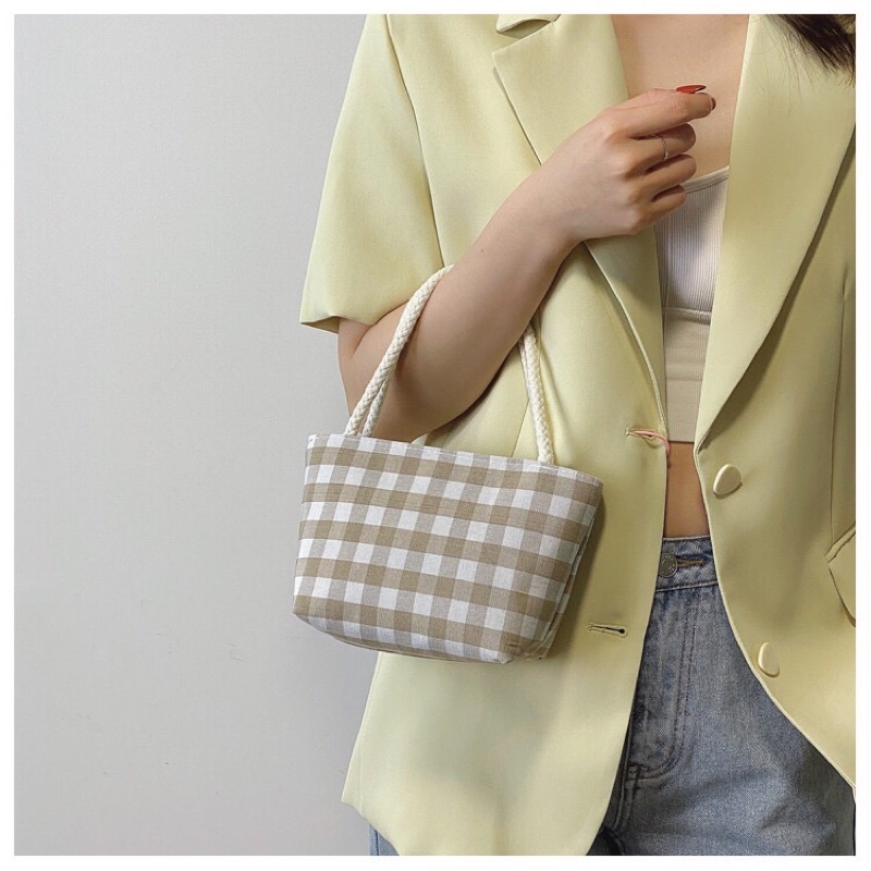 Túi vải canvas cầm tay hàng Quảng Châu kẻ caro nhỏ có khoá kéo tay cầm