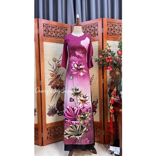 Áo dài cổ tròn in hoạ tiết