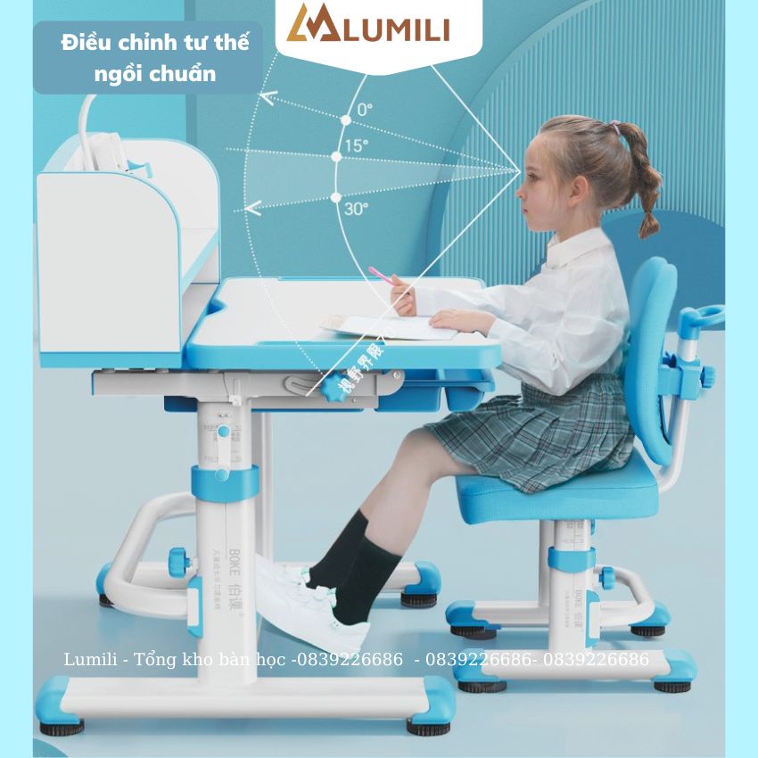 bàn học có giá sách cho bé Lumili M9 chống gù chống cận,kèm kệ sách,nâng hạ độ cao bằng tay quay,chỉnh nghiêng mặt bàn