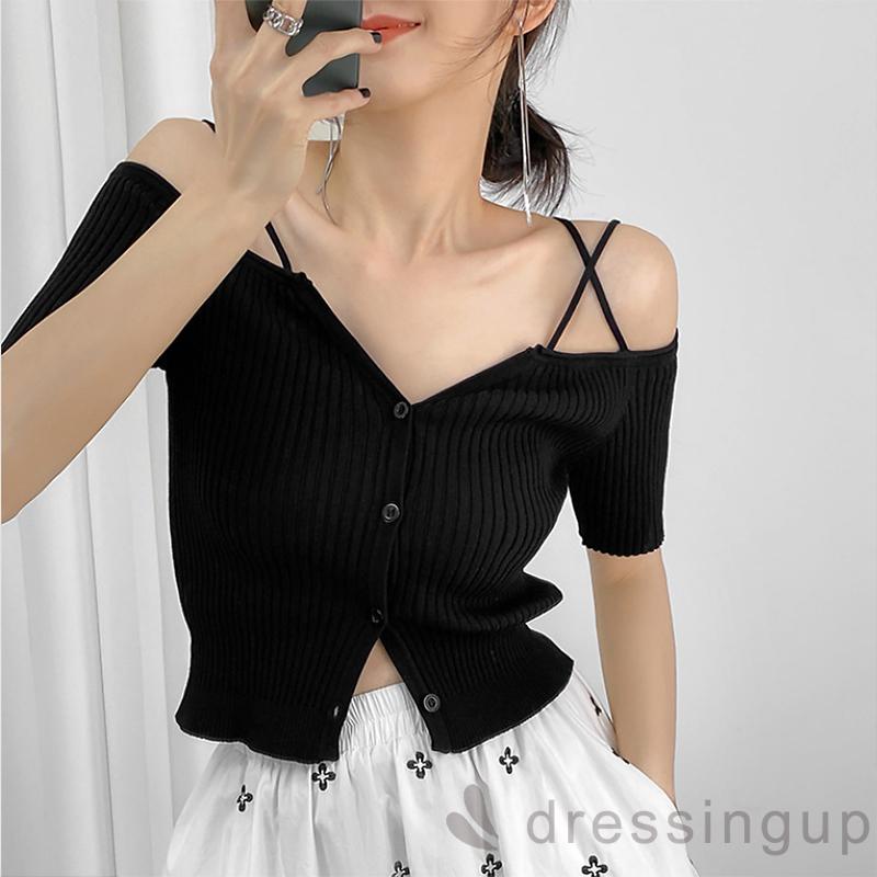 Áo Sơ Mi Nữ Tay Ngắn Trễ Vai Cổ Chữ V Có Hàng Nút Dành Cho Nữ