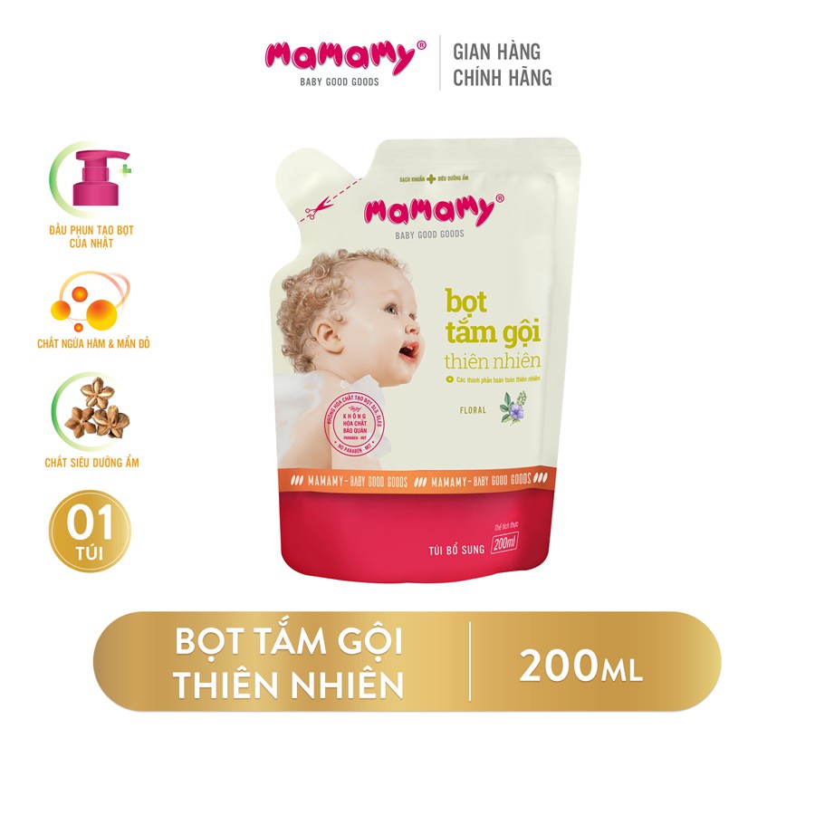 Bọt Tắm Gội Mamamy an toàn cho da bé, hương Floral 200ml/túi - Combo 1 túi