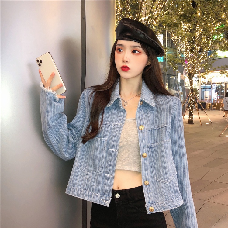 IELGY     Áo Khoác denim Tay Dài Kẻ Sọc Dọc Đơn Giản Dành Cho Nữ