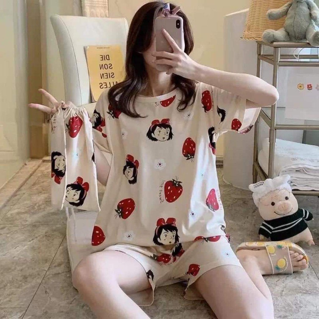 Đồ Bộ Nữ ❤️FREESHIP❤️ Bộ Ngủ Nữ Cotton Thun Cộc Tay Pijama Phối Hoạ Tiết Đáng Yêu mã QA001