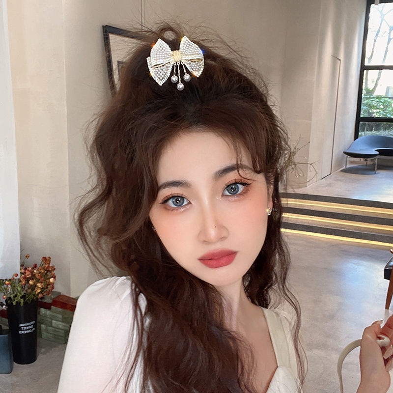 Kẹp Tóc Đính Nơ Tua Rua Đính Ngọc Trai Thời Trang Dành Cho Nữ