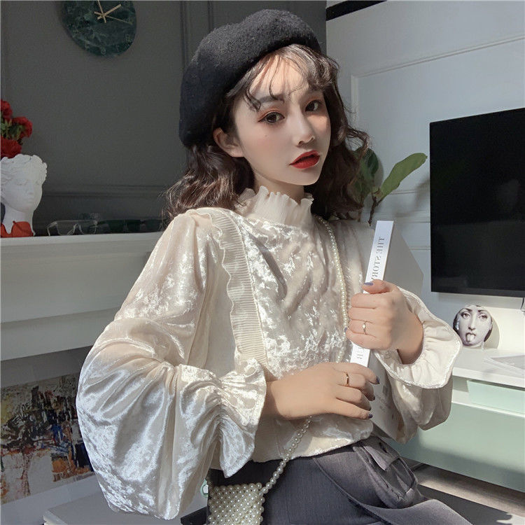 Áo Nhung Tay Dài Cổ Đứng Thời Trang Thu Đông Cho Nữ