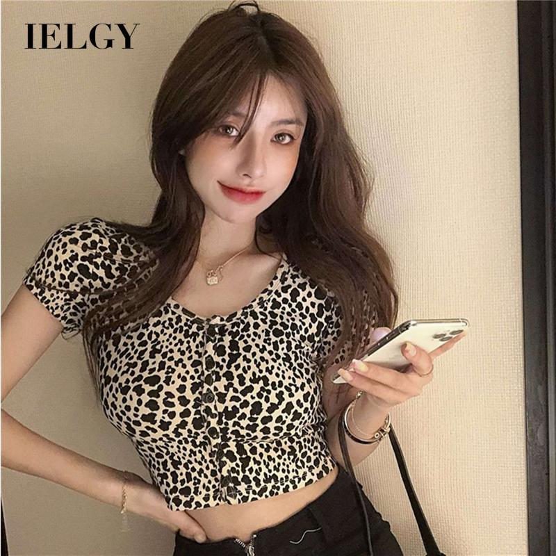 Áo thun IELGY ngắn tay ôm dáng họa tiết da báo phong cách cá tính cho nữ