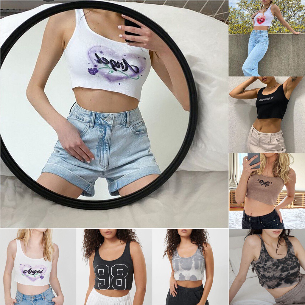 Áo Hai Dây Cổ Chữ U Dáng Ôm In Họa Tiết Màu Nhuộm / Chữ Thời Trang Mùa Hè Quyến Rũ Cho Nữ