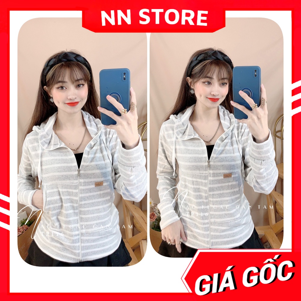 Áo khoác nữ có nón chất thun gân tăm mềm mát co giãn lên phom siêu ôm dáng phối sọc dễ thương TP116
