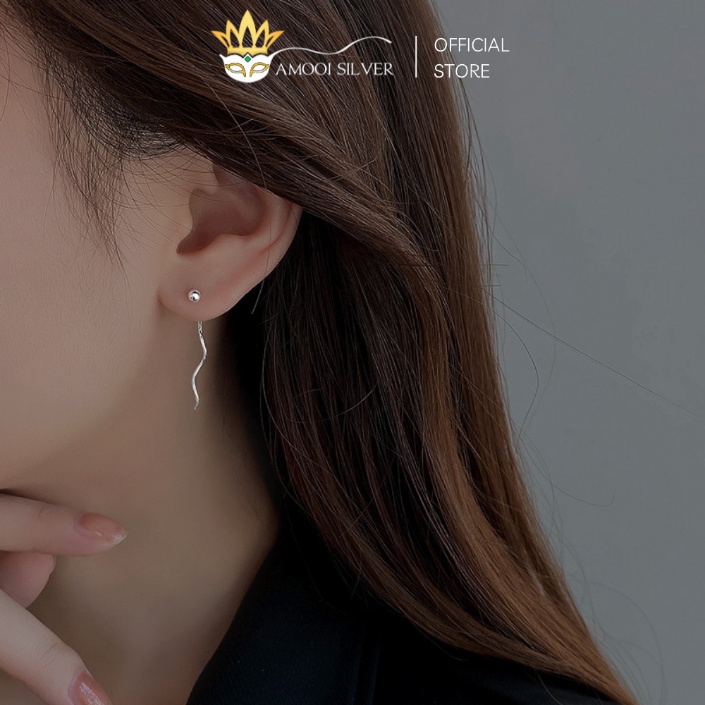 Bông Tai Bạc S925 Mẫu Bi Xoắn Dáng Tua Dài Xỏ Qua Tai - Amooi Silver AB14