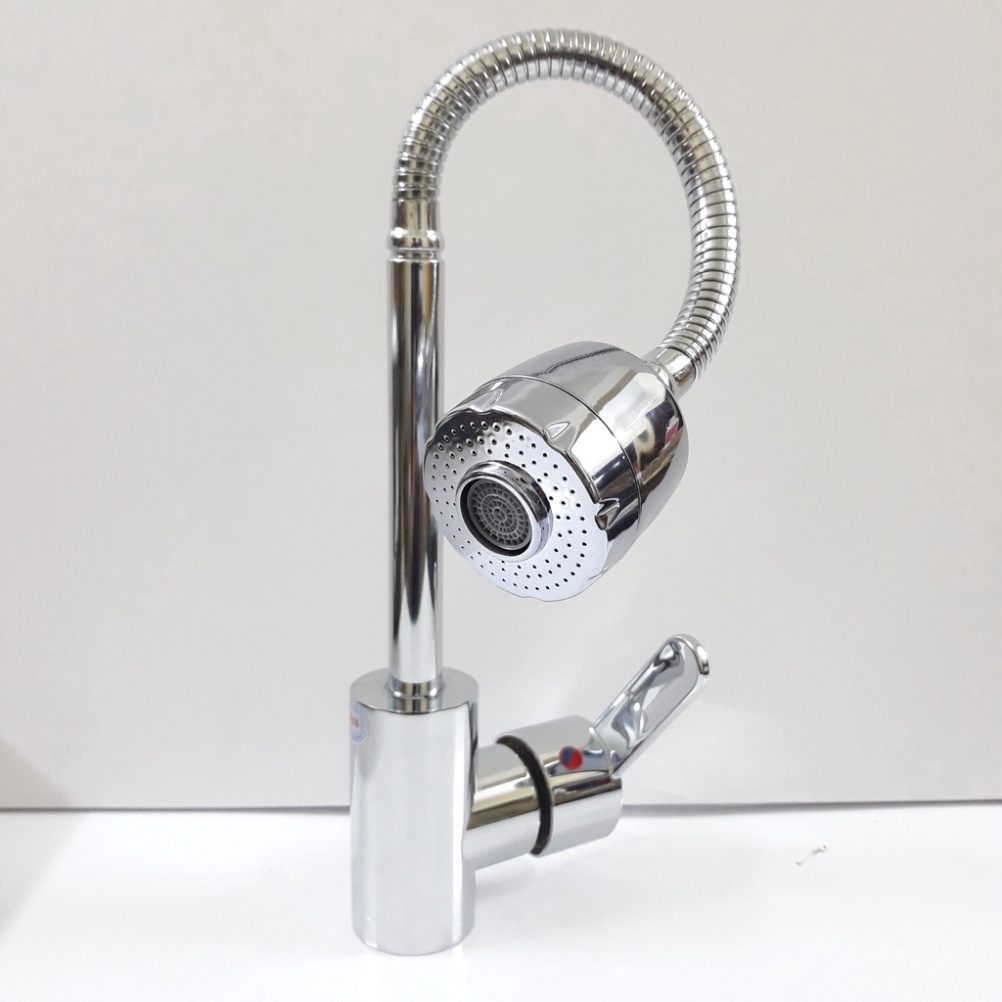 Vòi rửa bát nóng lạnh inox 304 màu bạc bóng cao cấp loại cần mềm xoay 360 độ, 2 chế độ xả nước siêu bền kèm dây cấp NL