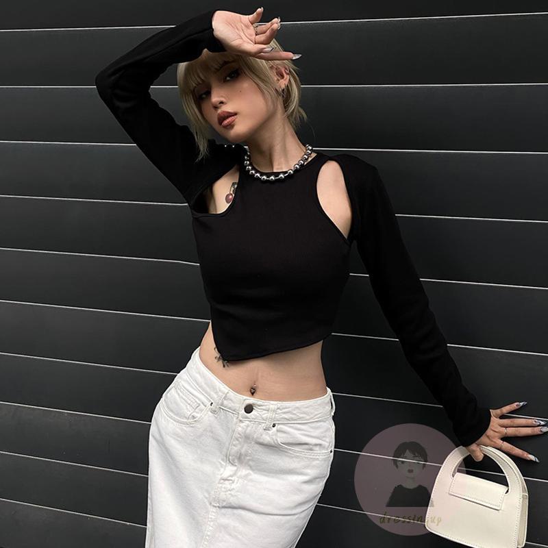 Áo Thun Nữ Dài Tay Cổ Tròn Xẻ Tà Lệch Màu Trắng / Đen