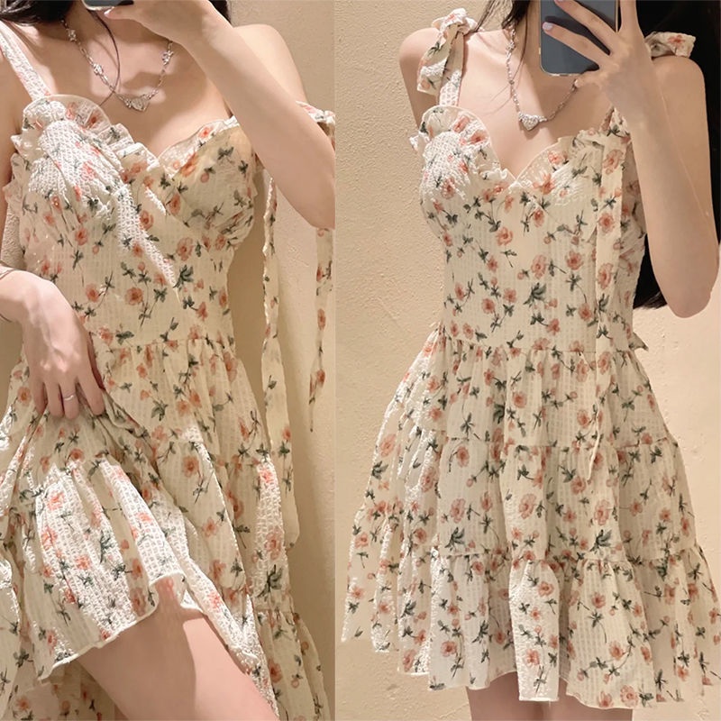 Đầm Hai Dây Mỏng Dáng Chữ a In Họa Tiết Hoa Phong Cách Pháp Ấm Áp Cho Nữ