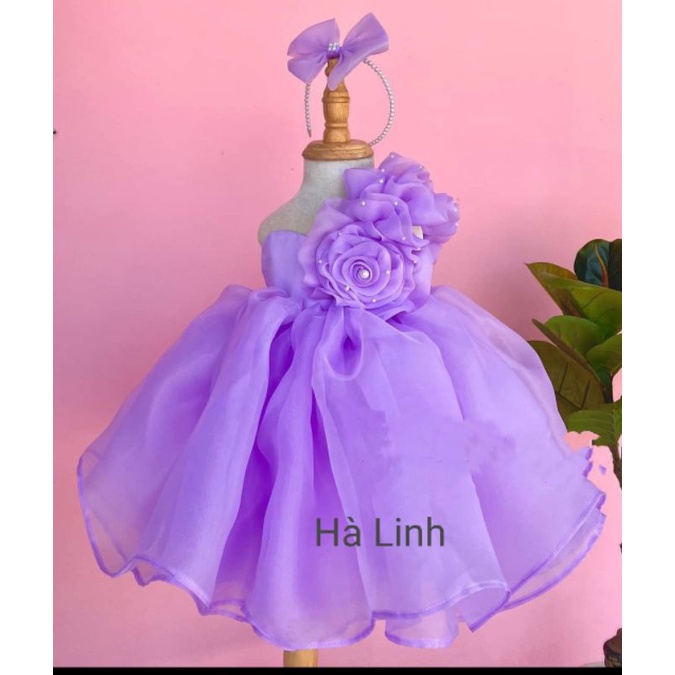 Đầm công chúa bé gái, váy thôi nôi đầy tháng hoa xếp màu tím cho bé