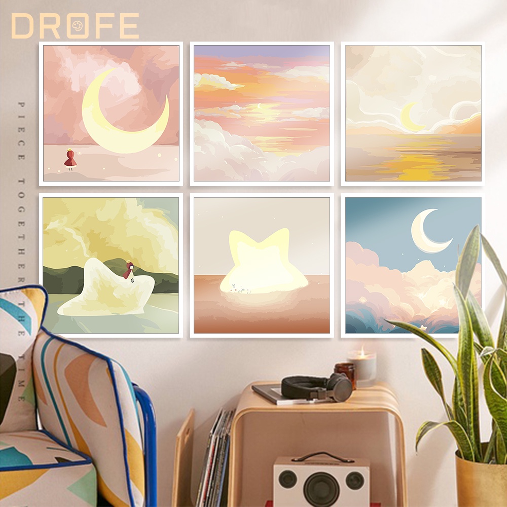 Bộ tranh vải canvas DROFE 20x20cm /30x30cm tự vẽ hình vũ trụ trang trí nhà cửa