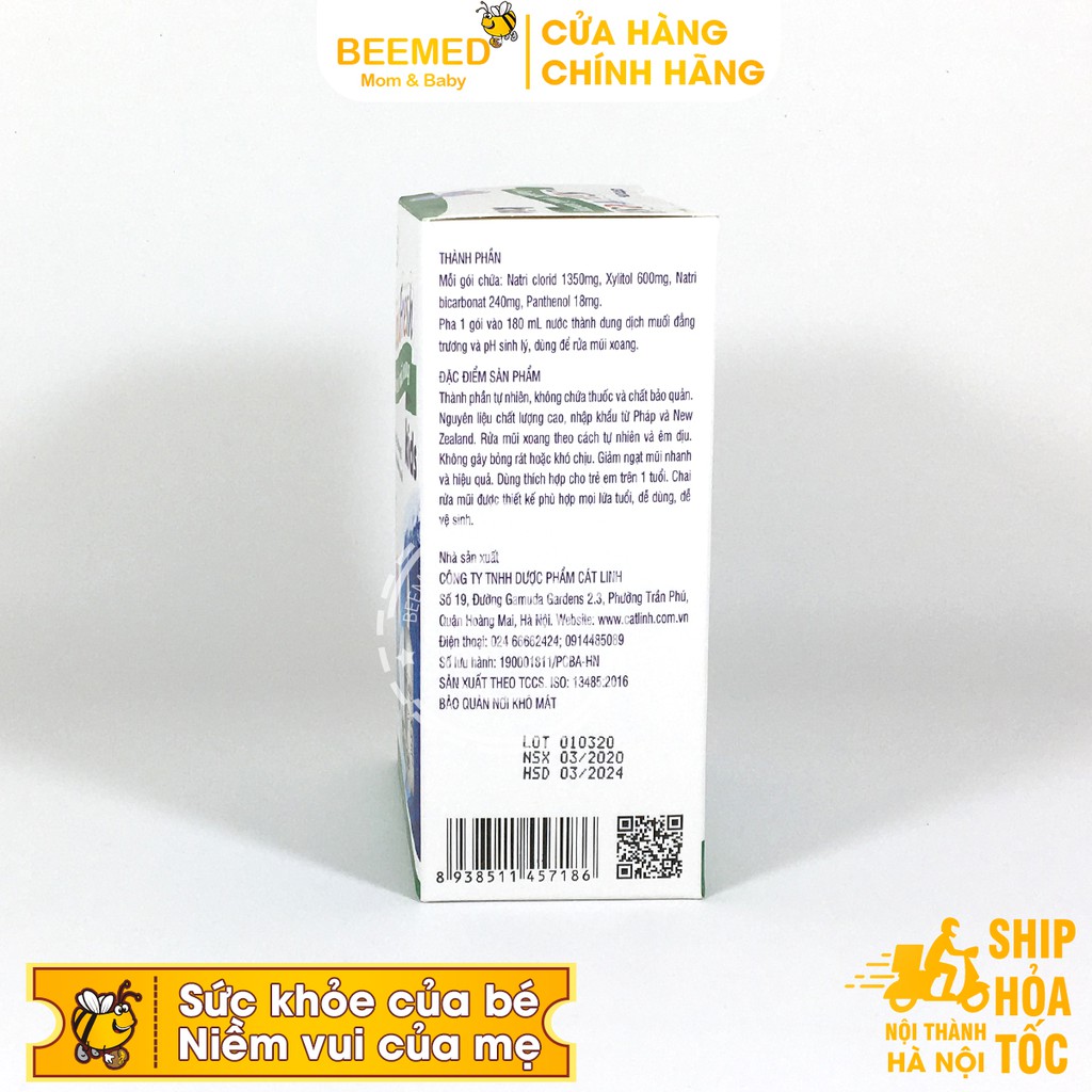 Bình rửa mũi cho bé  Sinufresh Kids chai 180ml Cát Linh tặng kèm 15 gói muối nano rửa xoang, dụng cụ có van điều chỉnh