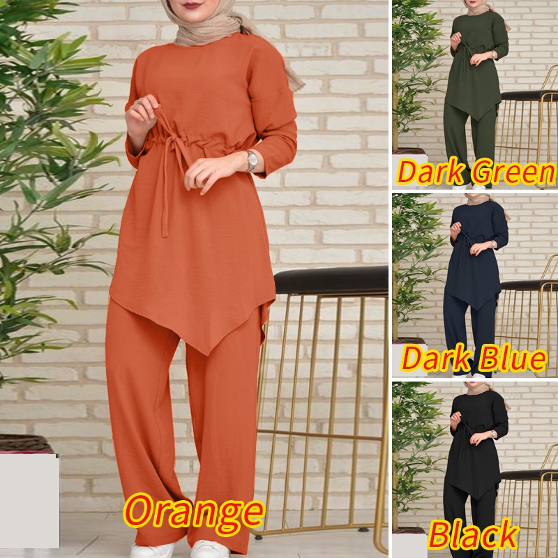 Zanzea Set Đồ Hồi Giáo Gồm Áo Tay Dài Và Quần Dài Lưng Thun Có Túi Dành Cho Nữ