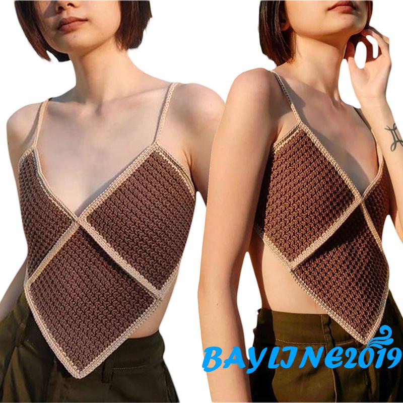 Áo croptop dệt kim hai dây cổ chữ V dáng ôm phối màu độc đáo thời trang cho nữ