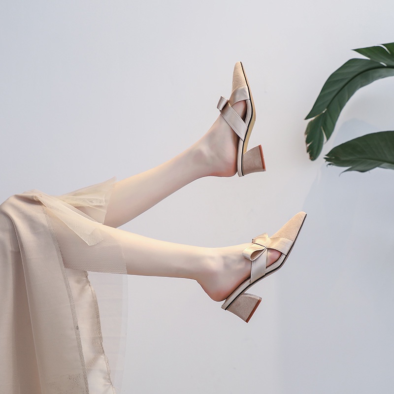 ✌△☍New fashion for summer 2021 Pointed mid-heel and thick-heeled Baotou single shoes and half slippers women s outer wear high-heel sandals and slippers