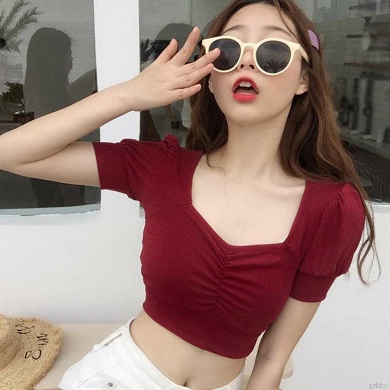 Áo Thun Tay Ngắn Cổ Vuông Màu Trơn Thiết Kế Đơn Giản Phong Cách Hàn Quốc