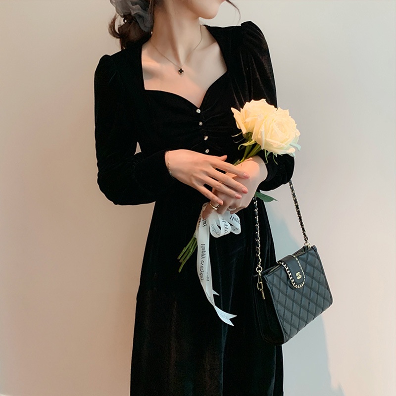Đầm dài bằng vải nhung màu đen phong cách Pháp Hepburn cổ điển IELGY
