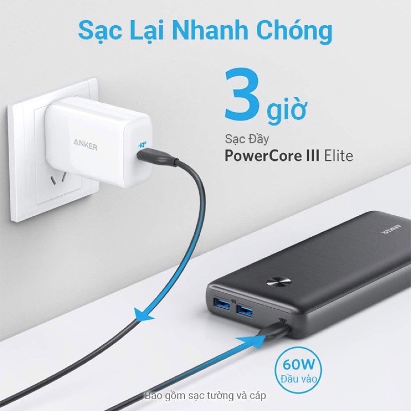 Sạc dự phòng ANKER PowerCore III Elite 25600 sạc nhanh PD 60W Mabook - Mã A1290