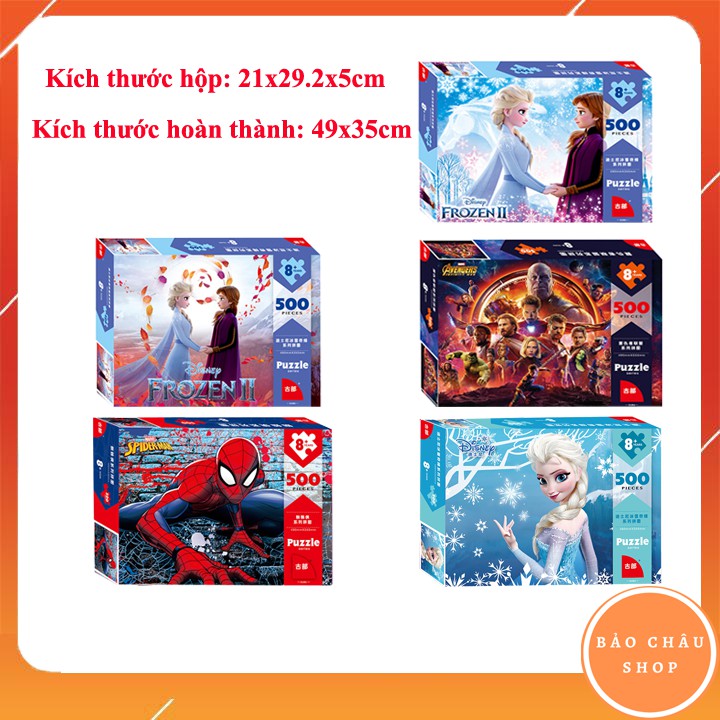 Bộ tranh ghép xếp hình 500 miếng Puzzle cao cấp Disney chủ đề công chúa băng giá frozen,spider man, avengers bản thú vị