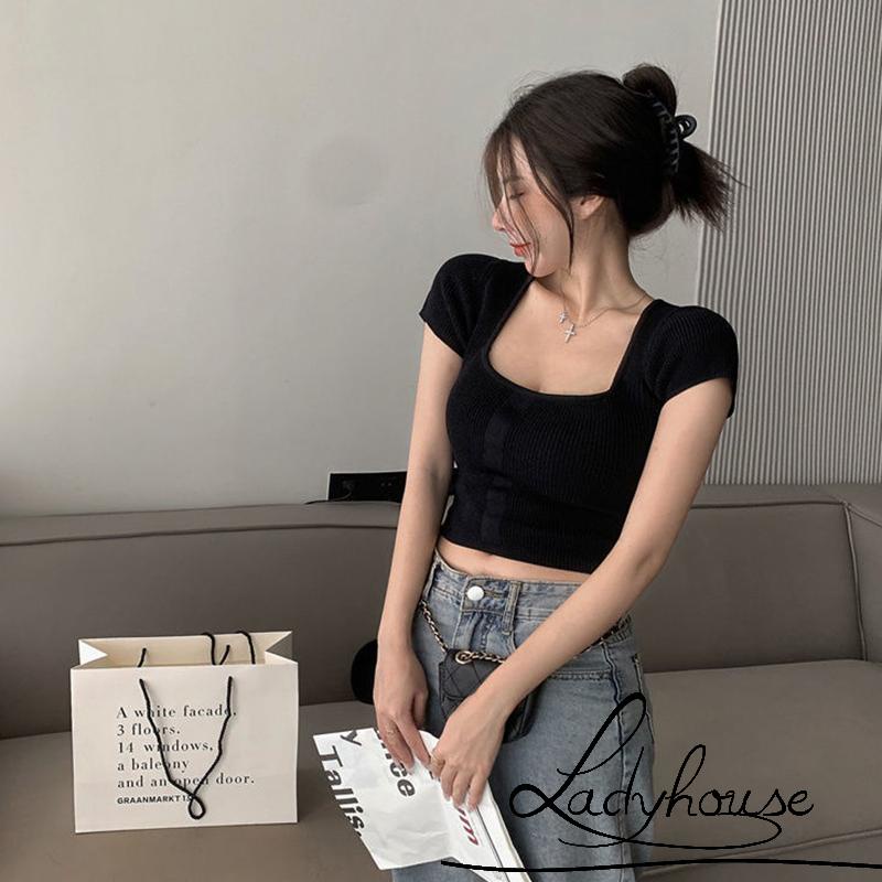 Áo Thun Dệt Kim Tay Ngắn Màu Trơn Cổ Vuông Hở Rốn Thời Trang Cho Nữ